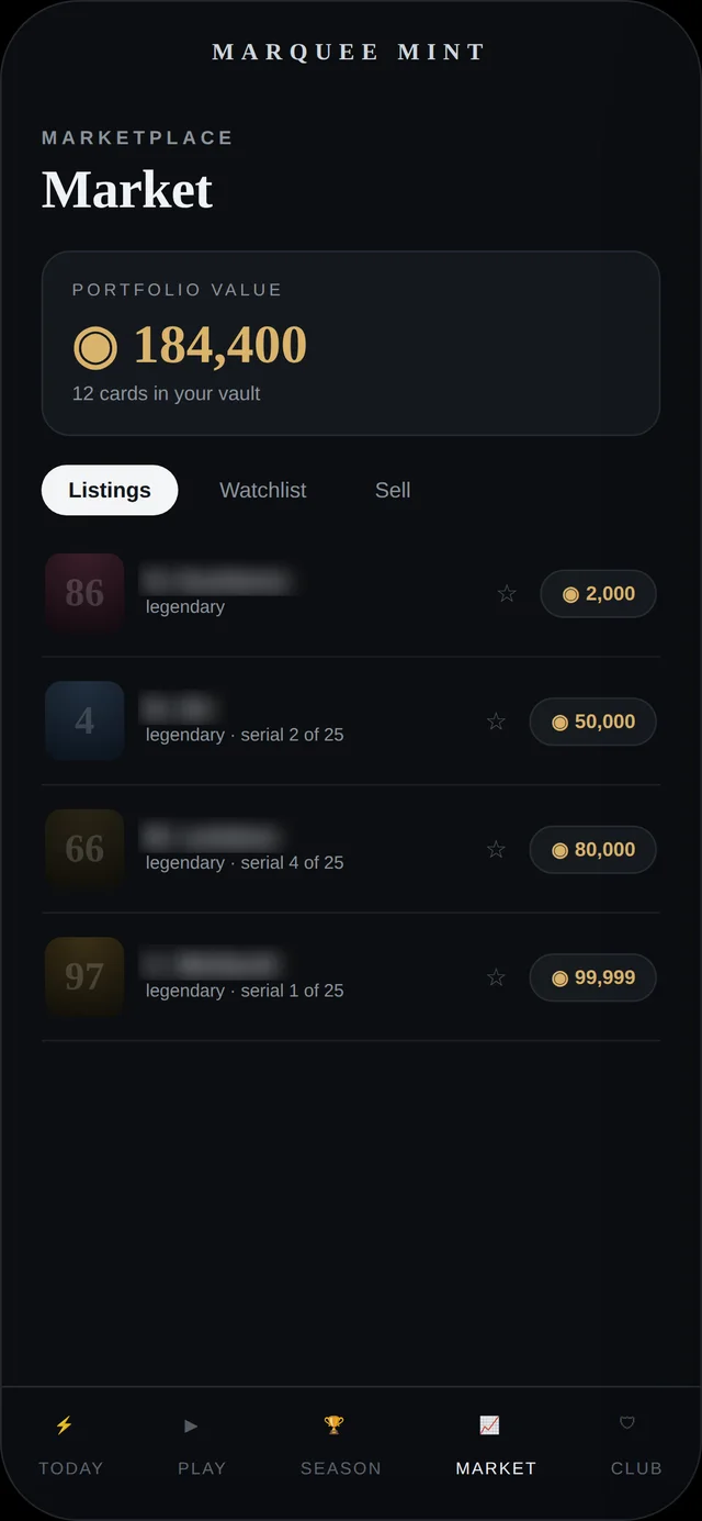 The marketplace: serialized listings with live prices