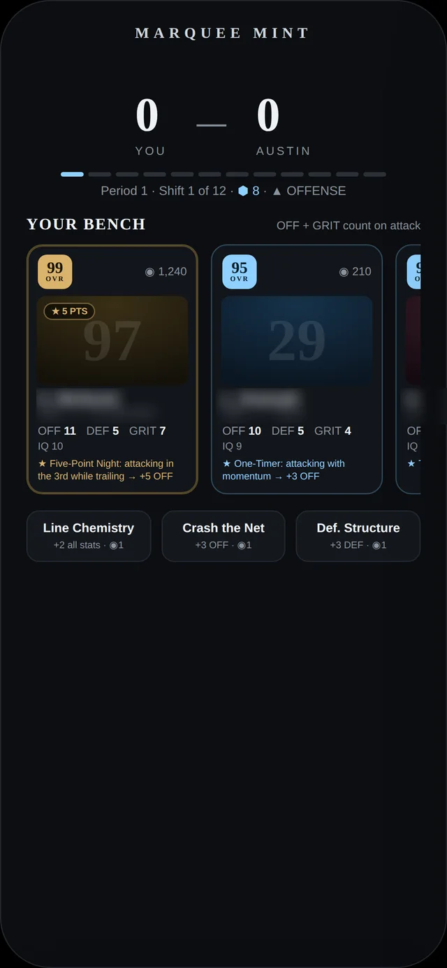 A match in progress: playing cards from your bench