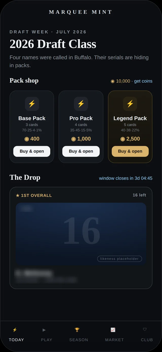 The Today screen: a live weekly drop and the pack shop
